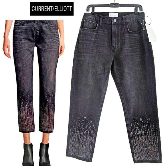 Current/Elliott NEW VINTAGE BELMONT Embellished Slim Crop Boyfriend Jeans 30